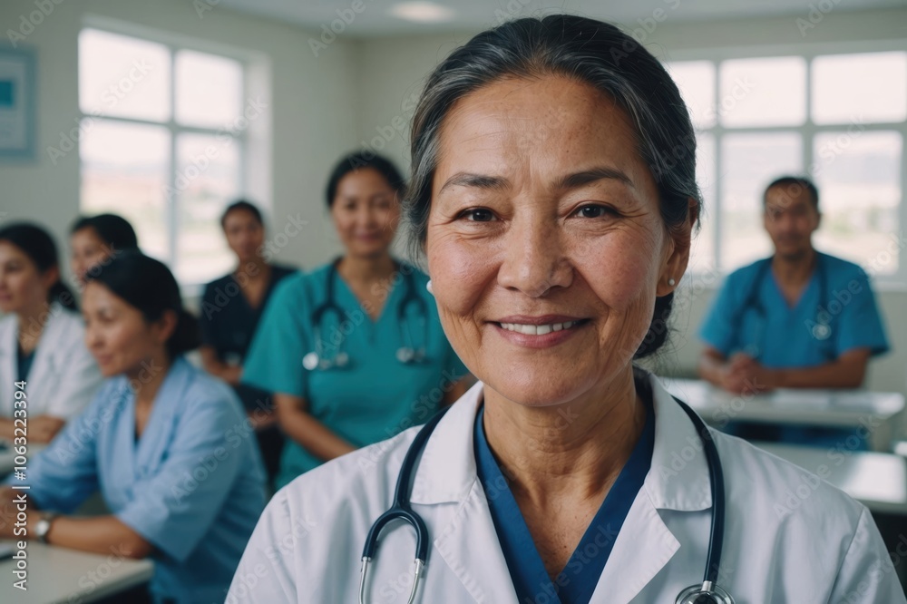 Close portrait of a smiling senior Kyrgyz woman doctor looking at the camera, Kyrgyz hospital blurred background Close portrait of a smiling senior Kyrgyz woman doctor looking at the camera, Kyrgyz hospital blurred background