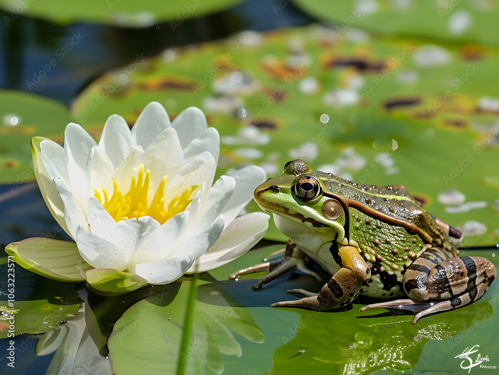 A vibrant green frog perched peacefully on a lily pad in a serene pond setting. A vibrant green frog perched peacefully on a lily pad in a serene pond setting.