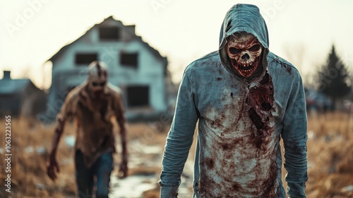 A lone zombie, wearing a hooded sweatshirt, walks in a bleak landscape, featuring a decaying visage and empty eyes, embodying isolation and dread. photo