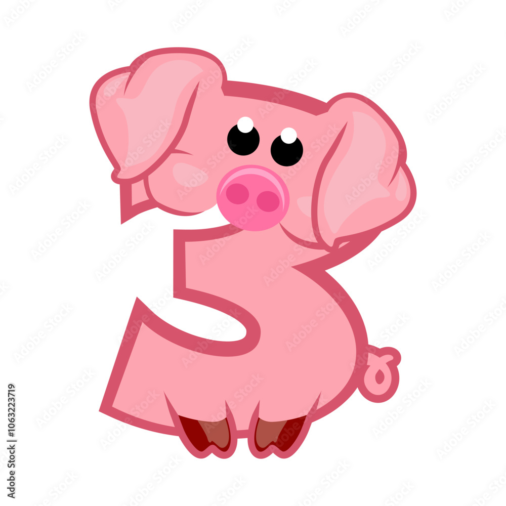 Obraz premium Cartoon number 3 like pink pig, figure Three. Cartoon of number with a animal concept. Calligraphy, lettering, typography for your Education cards or game