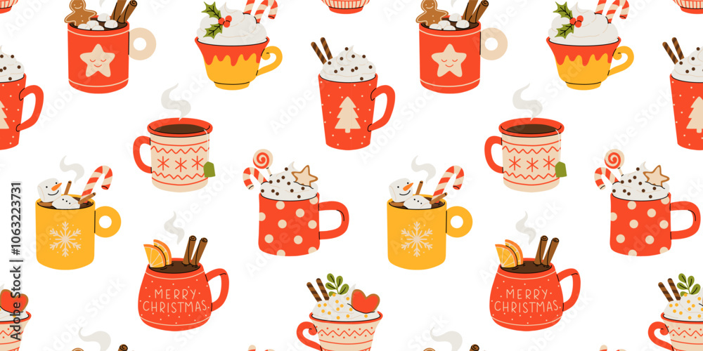 Christmas and Happy New Year seamless pattern. Mugs of cacao with whipped cream, marshmallow and candy cane. Greeting card for Xmas, New year or winter holidays. Vector design template. Christmas and Happy New Year seamless pattern. Mugs of cacao with whipped cream, marshmallow and candy cane. Greeting card for Xmas, New year or winter holidays. Vector design template.