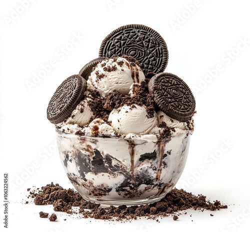 Oreo featured in an ice cream sundae, covered with lots of dirt and Oacker cookies on top of the bowl, isolated white background, high resolution photography,generative ai photo