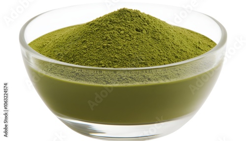 a realistic close-up of matcha powder, vibrant green, fine texture, photorealistic, isolated on white background photo