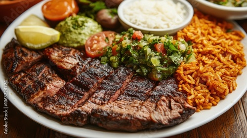 A plate of churrasco with tender, grilled meat, accompanied