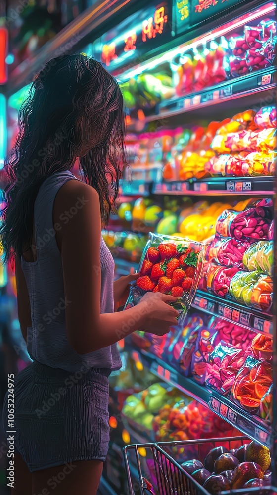 Woman shopping in vibrant grocery store Woman shopping in vibrant grocery store