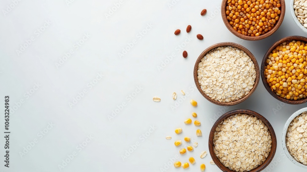 Various grains including oats, rice, and corn are neatly arranged in stylish bowls against a clean white background, showcasing their textures. Generative AI Various grains including oats, rice, and corn are neatly arranged in stylish bowls against a clean white background, showcasing their textures. Generative AI
