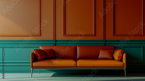 Terracotta sofa placed in front of a vibrant wall with orange and turquoise paneling, creating a warm and modern contrast photo