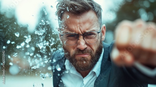 A determined man wearing glasses powerfully breaks through glass with his fist, pieces flying around him in an intense display of focused energy and emotion. photo