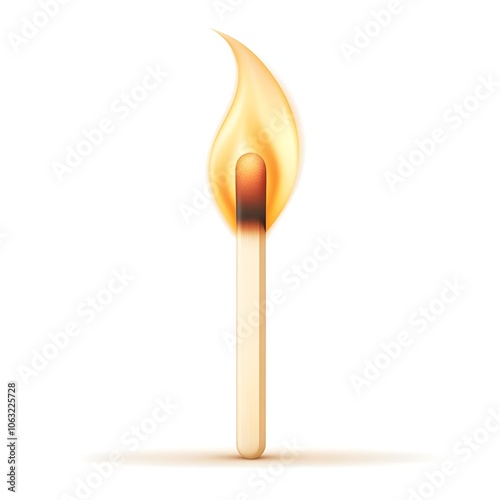 a realistic matchstick with flame, detailed wood texture, bright fire, photorealistic, isolated on white background