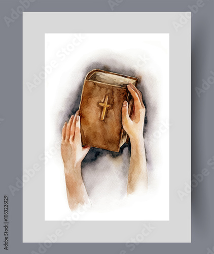 Book bible in hands of believer studying gospel and prayers on print. Watercolor poster. Artwork with bible with christian crucifix from catholic or orthodox teaching, in frame with decor for wall art