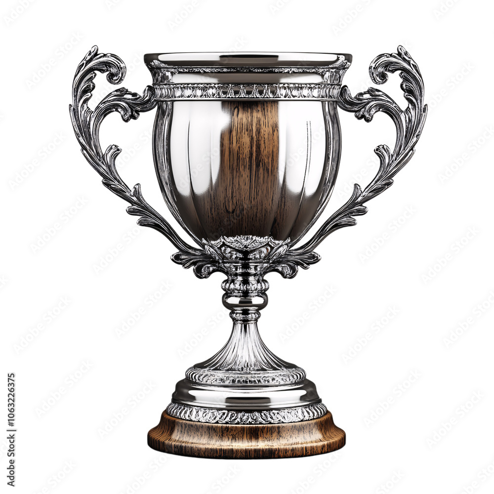 Silver trophy with wood accents, ornate handles, and intricate engravings, combining modern shine with a touch of rustic elegance, set against a transparent background Silver trophy with wood accents, ornate handles, and intricate engravings, combining modern shine with a touch of rustic elegance, set against a transparent background