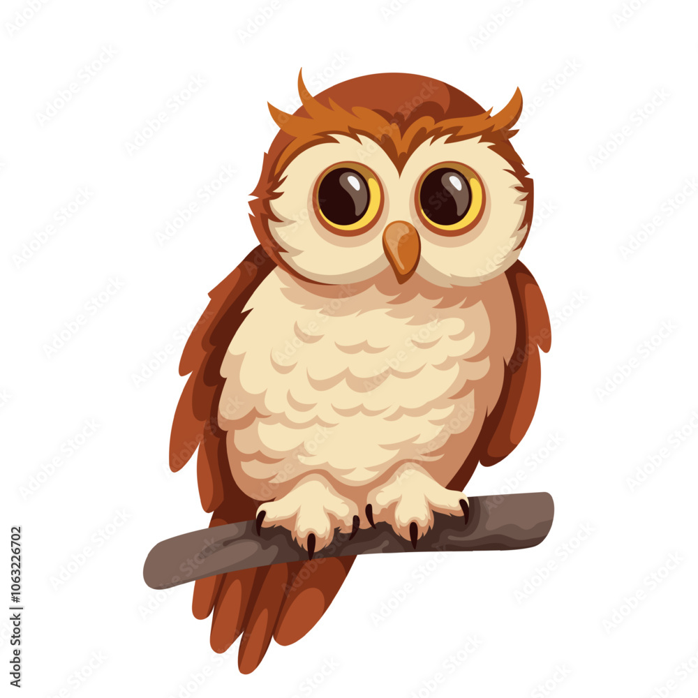 Naklejka premium Cute cartoon little brown owl on tree branch nest. Funny adorable baby bird perching. Ornithology, animal in nature mascot, cartoon northern saw whet owl predator watching prey vector illustration