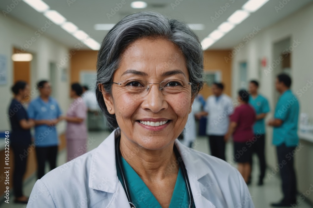 Fototapeta premium Close portrait of a smiling senior Malaysian woman doctor looking at the camera, Malaysian hospital blurred background