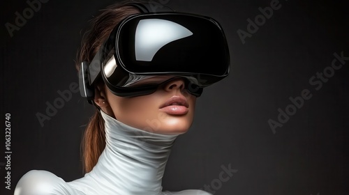 A woman, elegantly dressed in smooth white clothing, is depicted with a cutting-edge VR headset, set against a dark background. The visual exudes modernity and tech allure.