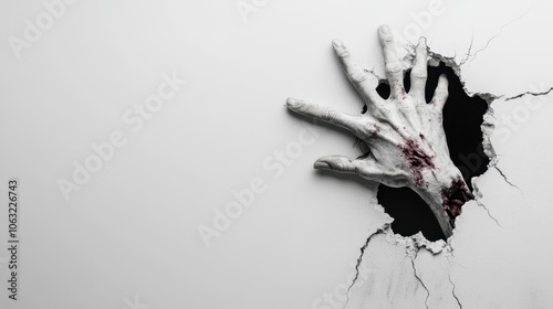 A creepy, zombie-like hand, appearing undead, forcefully emerges from a cracked and shattered white wall, creating a scene of tension and supernatural dread.