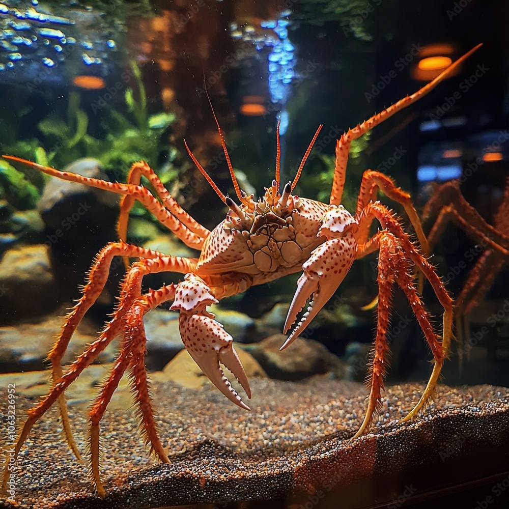 magnificent king crab resting at the bottom of a large, well-lit restaurant aquarium magnificent king crab resting at the bottom of a large, well-lit restaurant aquarium