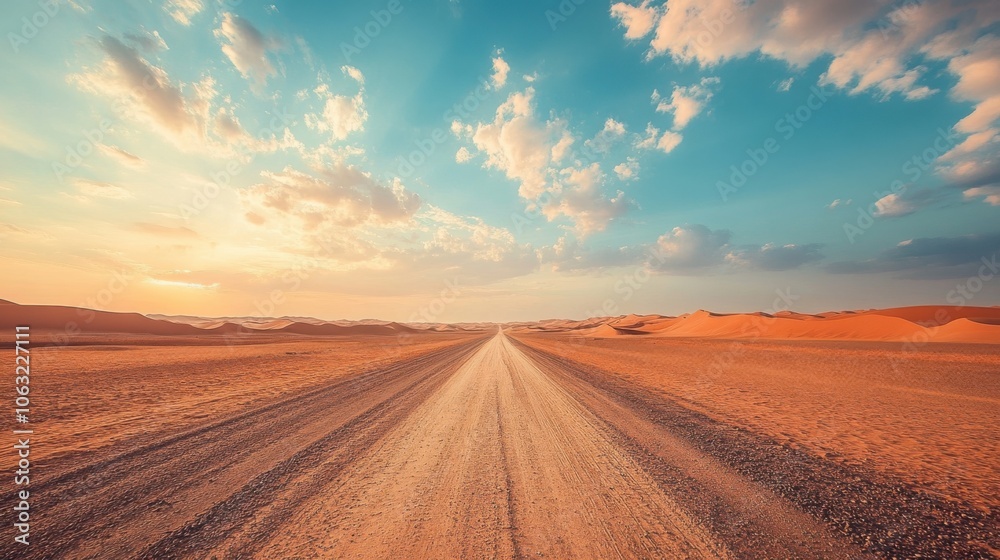 A scenic route through the desert, with rolling sand dunes A scenic route through the desert, with rolling sand dunes