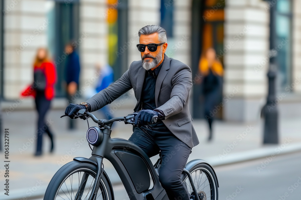 A man in a suit is riding a bike down a street