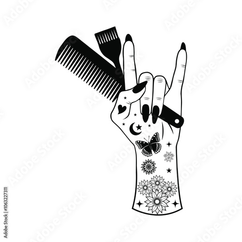 Hair Hustler vector illustration in black and white -  Hair Stylist Hand Clipart Design 