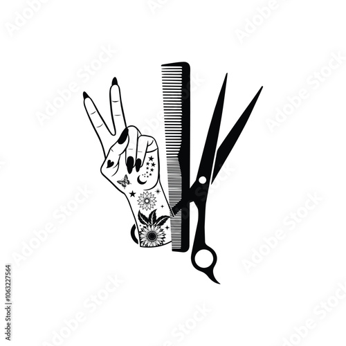 Hair Hustler vector illustration in black and white -  Hair Stylist Hand Clipart Design 