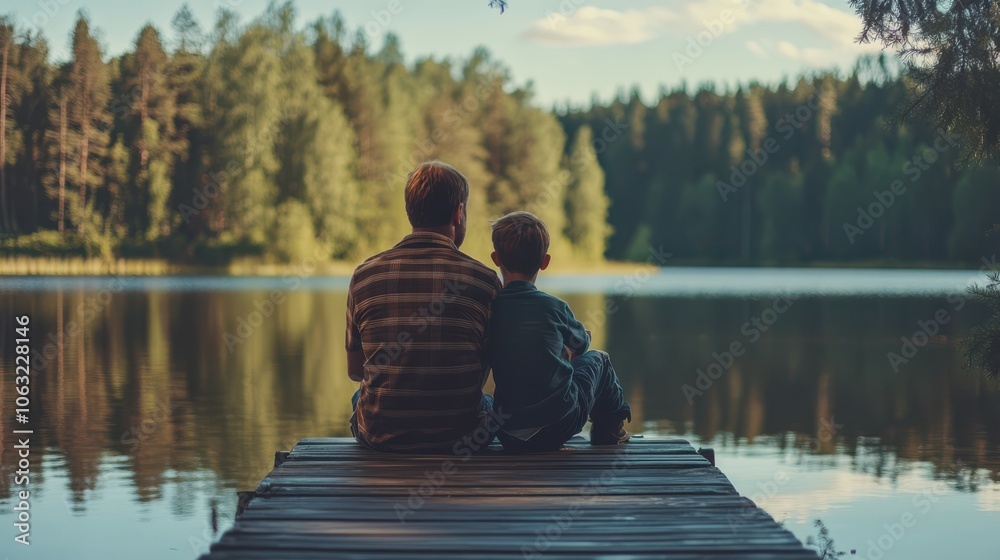 Father, boy and bonding by lake for travel, vacation and relax together in summer with back by dock. Man, child and relationship in nature for adventure, holiday and support while camping Father, boy and bonding by lake for travel, vacation and relax together in summer with back by dock. Man, child and relationship in nature for adventure, holiday and support while camping