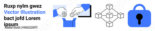Hands exchanging keys, blockchain network structure, security padlock, and dummy text. Ideal for cybersecurity, blockchain, data protection, encryption, technology, secure transactions digital