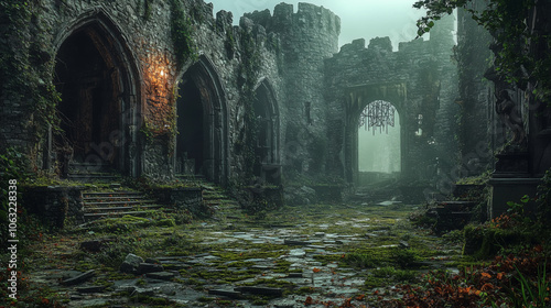 Forgotten castle ruins with cracked stone walls and broken towers