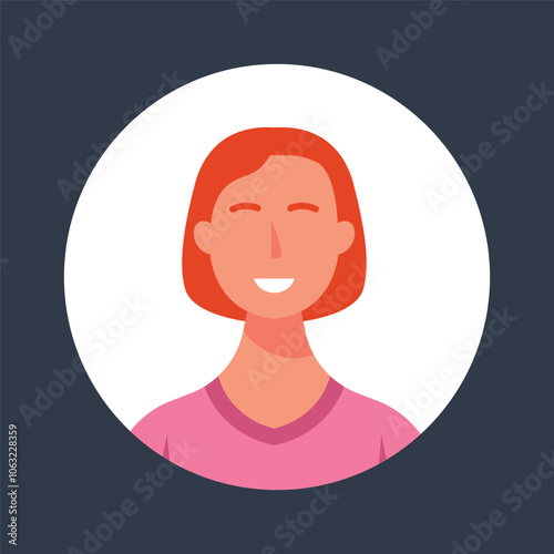 short orange hair woman in circle frame in flat vector design.