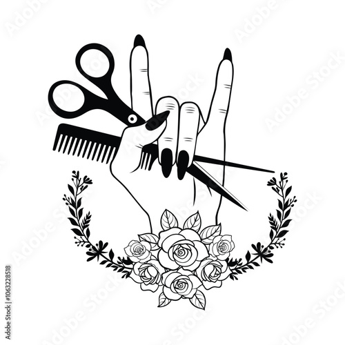 Hair Hustler vector illustration in black and white -  Hair Stylist Hand with flower Clipart Design 