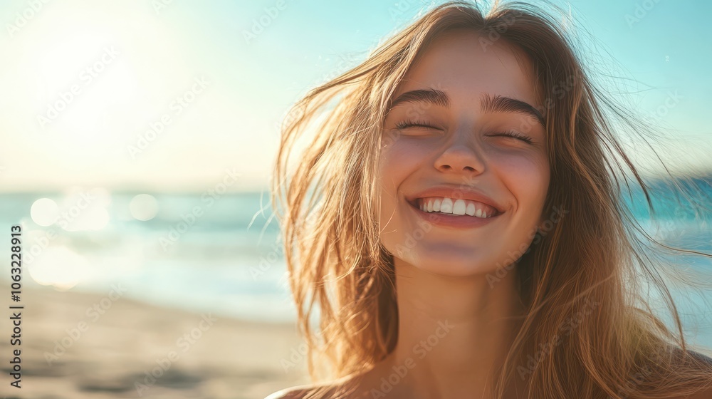 Happy beautiful young woman smiling at the beach side - Delightful girl enjoying sunny day out - Healthy lifestyle concept with female laughing Happy beautiful young woman smiling at the beach side - Delightful girl enjoying sunny day out - Healthy lifestyle concept with female laughing
