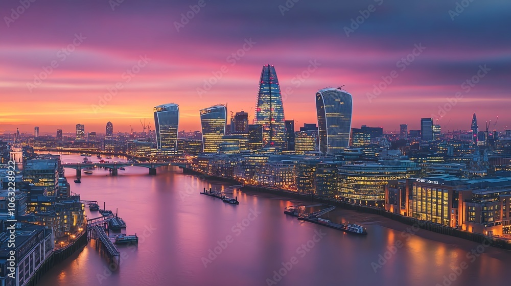 Naklejka premium The London skyline at dusk with vibrant pink and orange sky.