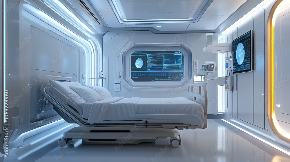 Futuristic hospital room with high tech AI technology equipment. Futuristic hospital room with high tech AI technology equipment.