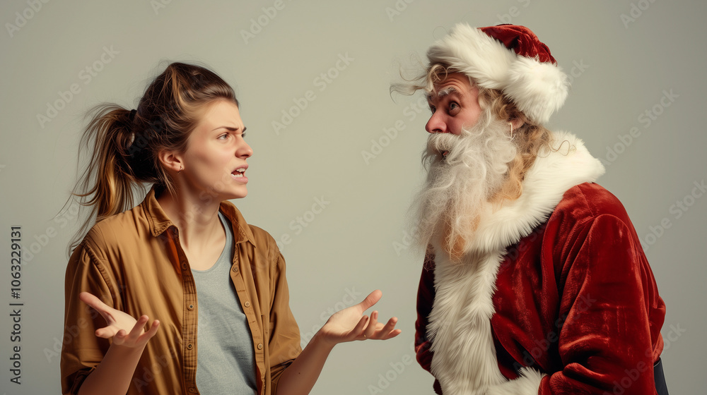 Obraz premium a young woman and a man dressed as Santa Claus engaged in a lively conversation. The woman, appearing frustrated or perplexed, gestures animatedly towards Santa, who listens intently