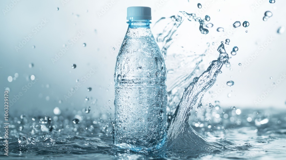 Bottle of water and splashes on light background Bottle of water and splashes on light background