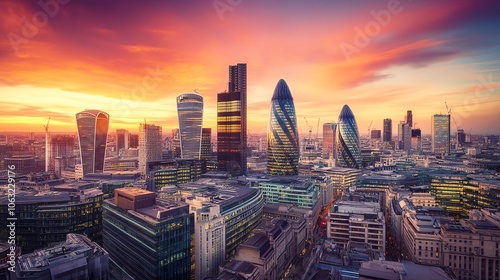 The London skyline at dusk with vibrant pink and orange sky.