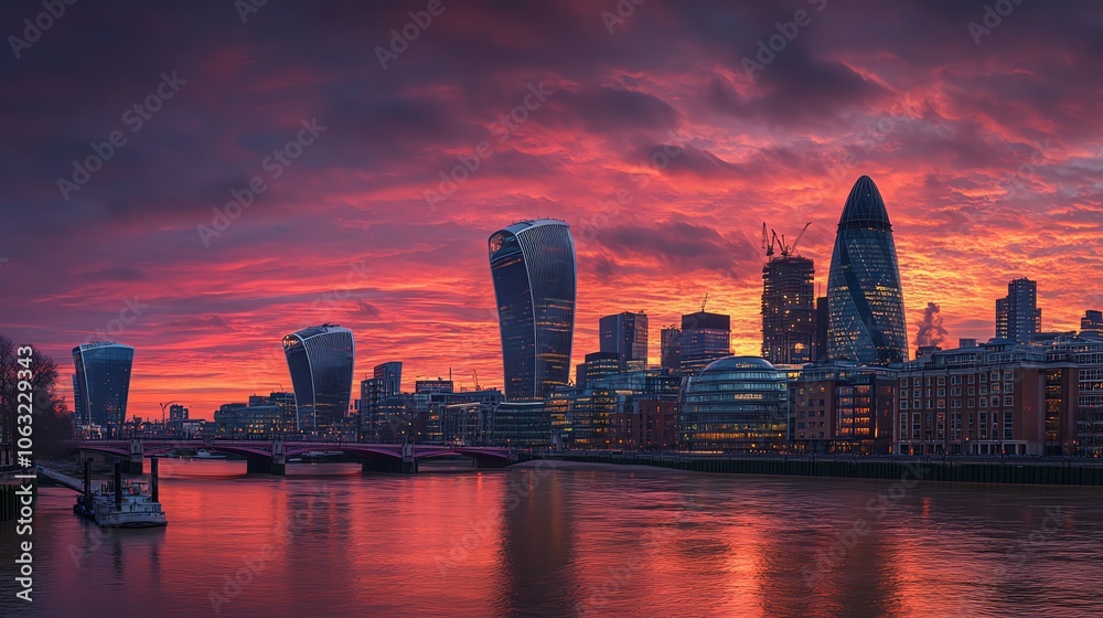 Fototapeta premium The London skyline at dusk with vibrant pink and orange sky.
