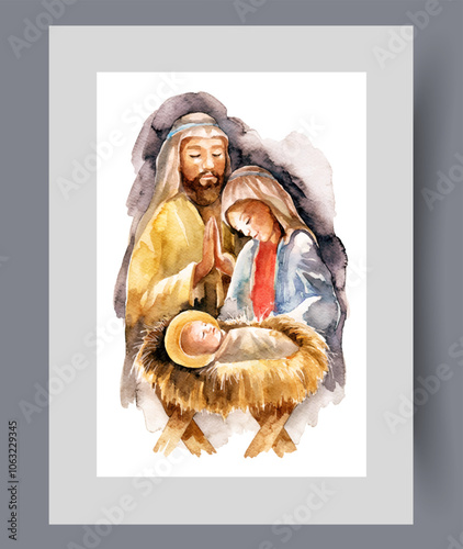 Icon with christmas jesus and virgin mary near praying man on wall art. Watercolor artwork. Print with christmas icon with moment of appearance of prophet or son of god, in frame with decor for poster