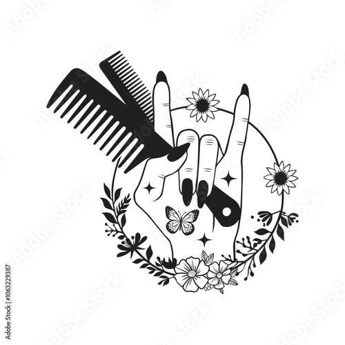 Hair Hustler vector illustration in black and white -  Hair Stylist Hand with flower Clipart Design 