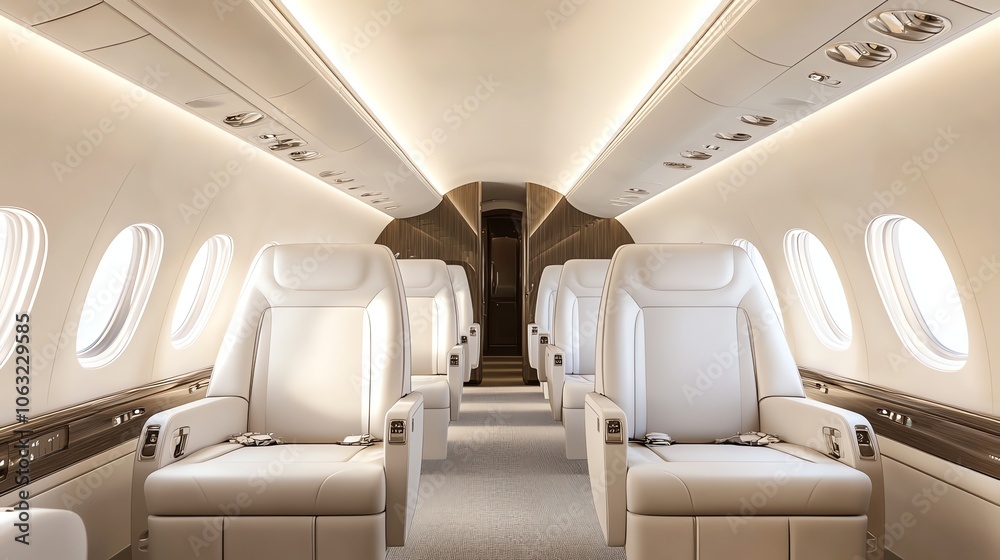 Empty rows of white leather airplane seats with overhead compartments. Empty rows of white leather airplane seats with overhead compartments.