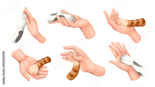 Human cartoon hand holding paw of animal set. Funny cute gestures of trust and friendship, help and support for cat and dog. Animal shelter mascots, cartoon love to pet collection vector illustration