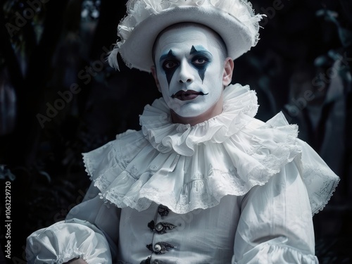 A dramatic portrait of Pierrot, in his traditional flowing white suit with large buttons and a ruffled collar. 