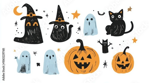 Happy Halloween. Vector cute childish naive illustrations of characters, pumpkin, black cat, ghost, pattern, witch, logo for greeting card, poster, flyer or background