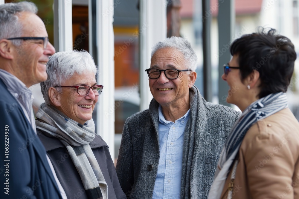 Senior friends talking and laughing together in the street of a city. Senior friends talking and laughing together in the street of a city.