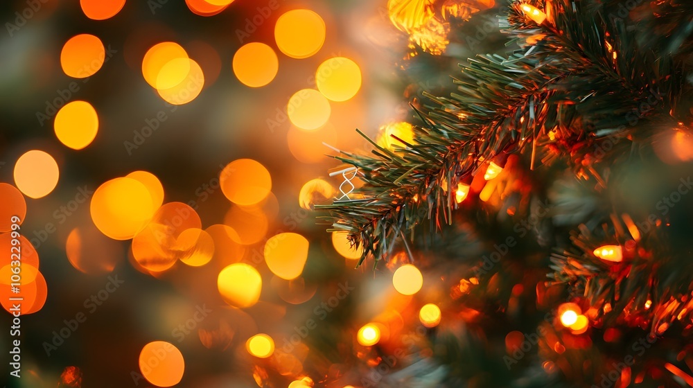 Close-Up of a Christmas Tree Branch with Bokeh Lights Close-Up of a Christmas Tree Branch with Bokeh Lights