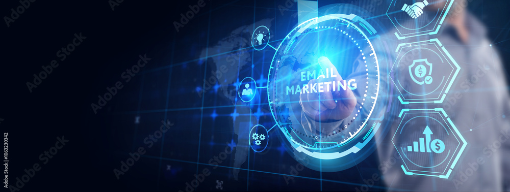 Email and sms marketing concept. Scheme of direct sales in business. List of clients for mailing.