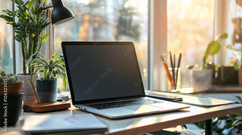 A bright workspace featuring a laptop, plants, and stationery on a wooden desk in a sunlit room during the afternoon A bright workspace featuring a laptop, plants, and stationery on a wooden desk in a sunlit room during the afternoon