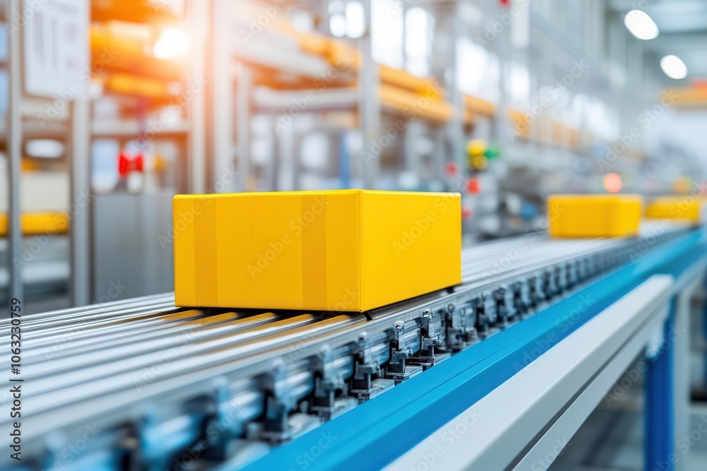 A bright yellow box moves along a conveyor belt in a modern warehouse or manufacturing facility, showcasing automated logistics and product handling. A bright yellow box moves along a conveyor belt in a modern warehouse or manufacturing facility, showcasing automated logistics and product handling.