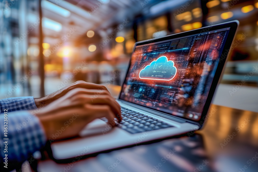 A person is typing on a laptop with a cloud symbol on the screen A person is typing on a laptop with a cloud symbol on the screen