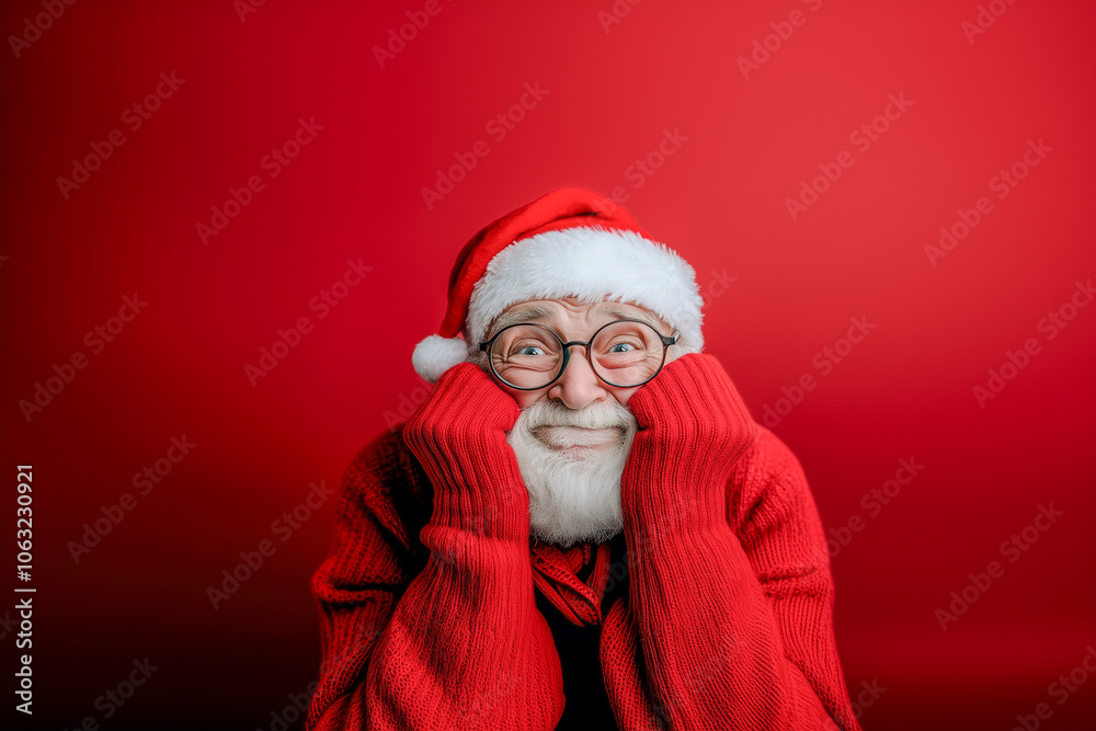 Naklejka premium A man in a red sweater and glasses is looking down