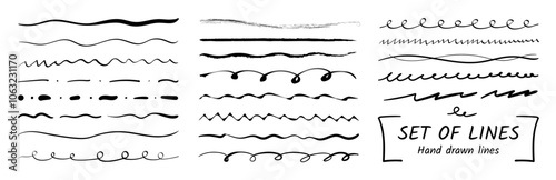 Grain brush. Scatter spray. Noise halftone texture or grunge retro pattern. Hand drawn strokes. Doodle handwriting. Black ink underlines. Simple brushstroke. Vector graphic dividers set